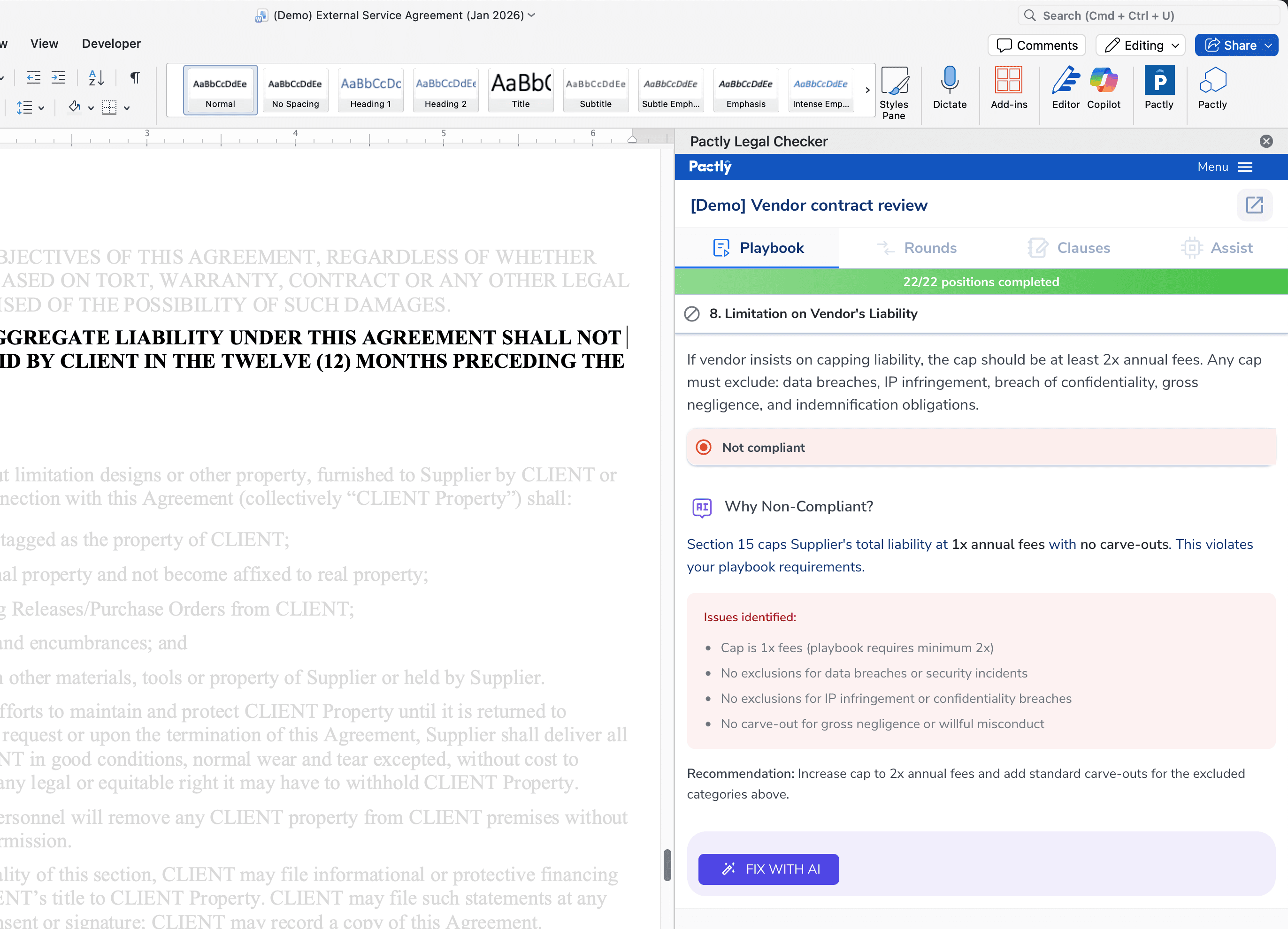 Pactly Assist contract review showing non-compliant liability cap flagged with AI-powered analysis and recommended fixes