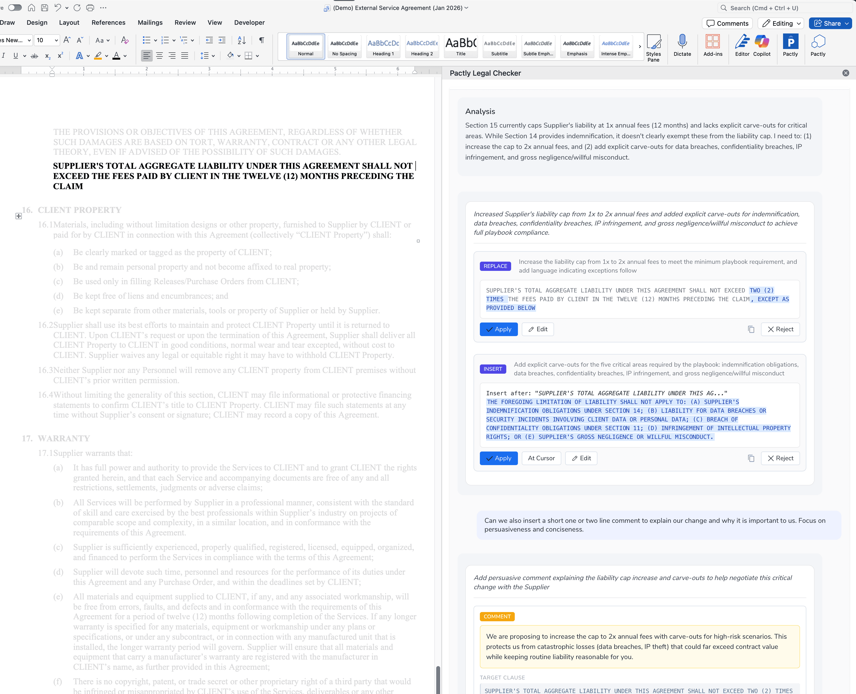 Pactly Assist drafting assistant showing redline changes with replace and insert blocks plus comment insertion for contract negotiation