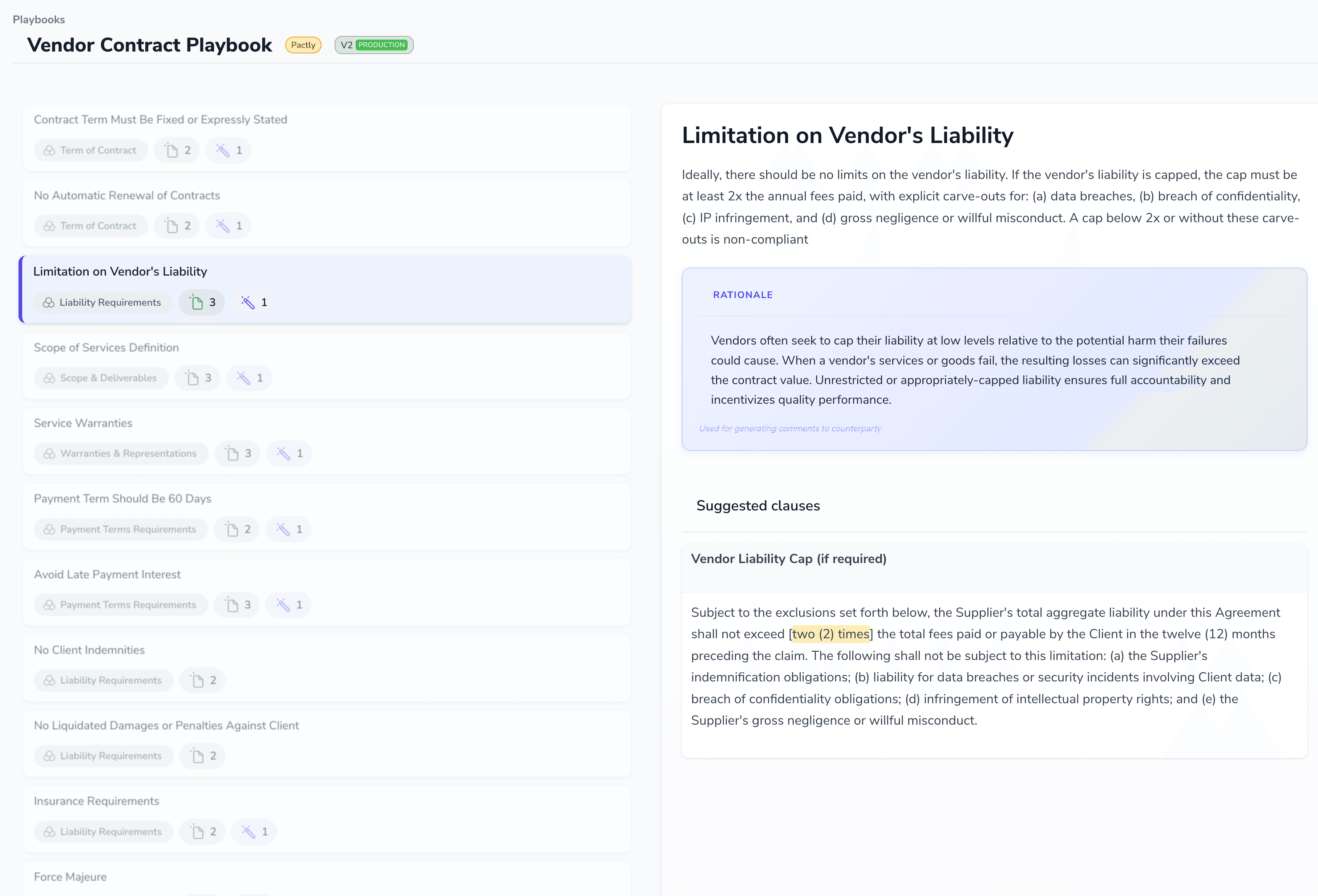 Pactly Assist contract playbook interface showing vendor liability position with negotiation rationale and suggested clause language